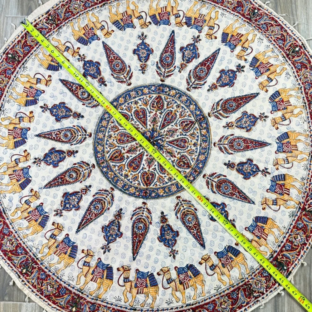 Vintage‎ Kalamkari Tablecloth Ghalamkar Block Print Round Mandala